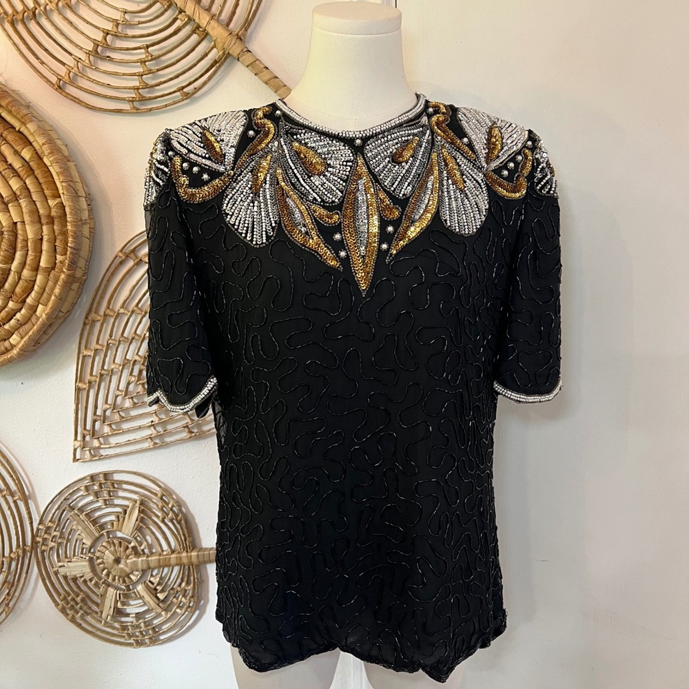 Vintage Laurence Kazar Black Silk Beaded Sequin Evening Blouse Party Top Size S